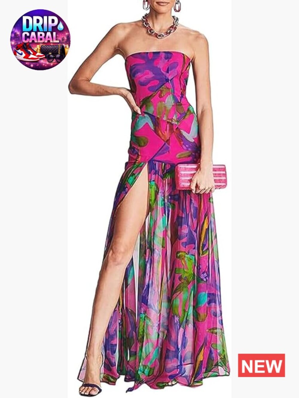 Polyester Elastane Strapless Maxi Dress Mesh Patchwork High Slit Formal